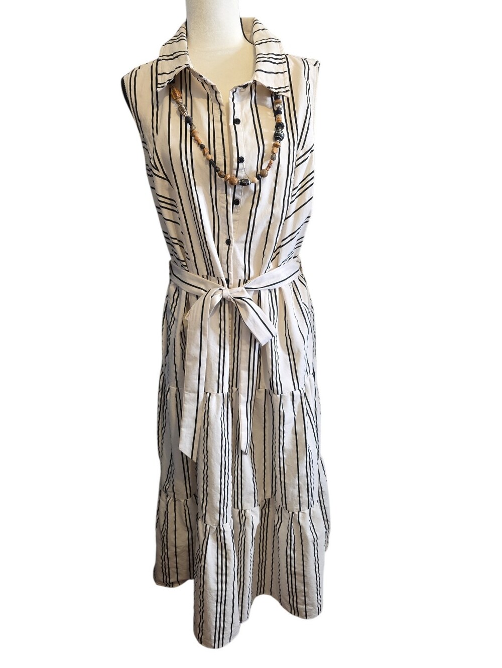 City Chic Black & White Striped Sleeveless Midi Shirt Dress Linen Blend M